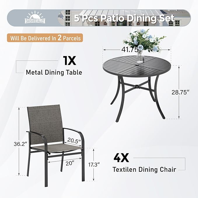 SUNSHINE VALLEY 5 Piece Patio Dining Set for 4, 42" x 42" Round Metal Table with Umbrella Hole and 4 Brown Chairs, Outdoor Table and Chairs Set for Lawn Backyard and Deck