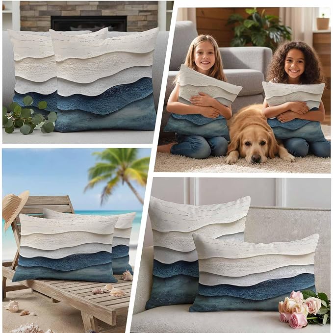 Abstract Waves Beach Art Outdoor Waterproof Throw Pillow Covers Set of 2, 20"x20", Blue Beige Oil Painting Style Decorative Pillow Covers Outside Cushion Case for Patio Porch Garden