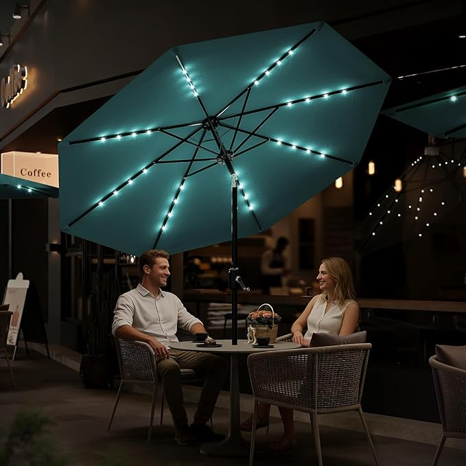 Garvee 9/10 FT Solar Patio Umbrella with 32 LED Lights - Outdoor Table Umbrella with Crank Lift, Push Button Tilt and 8 Sturdy Ribs - Market Umbrella UV Protection for Pool, Deck, Yard, Garden