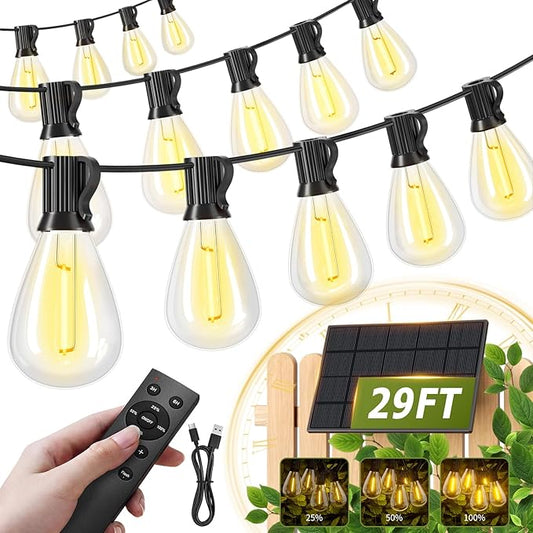 30FT Solar String Lights Waterproof, 10+1 LED Shatterproof Bulbs Solar Powered with Remote & USB Port, 3 Modes Dimmable Outdoor Lights for Patio, Garden, Camping