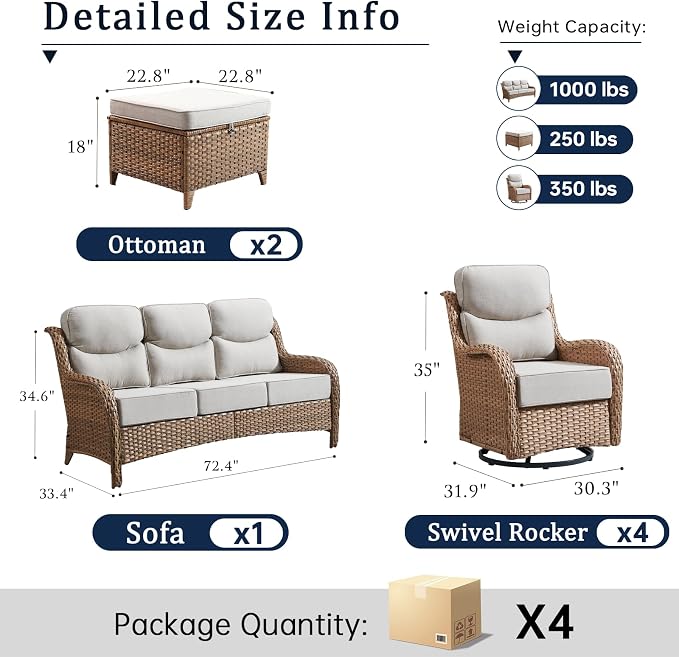 Luxury High Back Outdoor Furniture with 6-Inch Thick Cushions, Patio Furniture Set with Swivel Chairs, 7 PCS Wicker Conversation Set for Porch, Balcony, Deck and Yard
