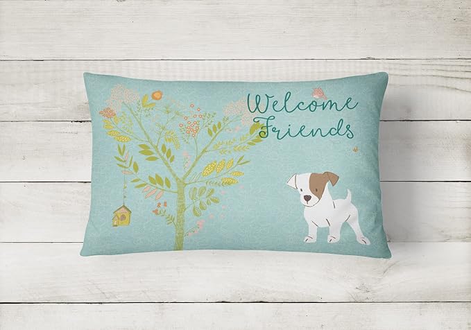 Caroline's Treasures BB7637PW1216 Welcome Friends Jack Russell Terrier Puppy Canvas Fabric Decorative Pillow Machine Washable, Indoor Outdoor Decorative Pillow for Couch, Bed or Patio, 12HX16W