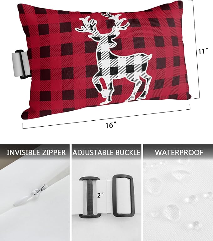 Outdoor Pillows Covers with Inserts Black and Red Plaid Forest Animal Runner Elk Waterproof Recliner Pillow with Adjustable Strap Throw Pillows for Patio Furniture Pool Lounge Chair, 11x16 inch, 1PCS