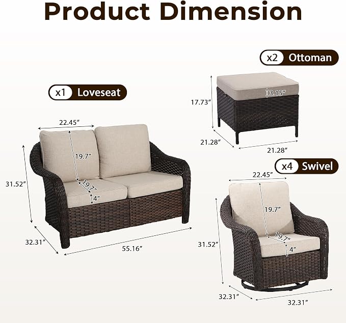 7 Piece Patio Wicker Conversation Set, All-Weather Use Outdoor Wicker Loveseat with 4 PE Rattan Ottomans,4 Swivel Chair, Ideal for Porch, Backyard, Balcony, Poolside, Beige