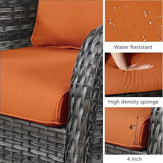 HUMMUH 3-Piece Swivel Rocking Rattan Chair Outdoor, Patio Bistro Furniture Conversation Set, Cushioned Wicker Chair with Glass Coffee Table(Grey, Orange)