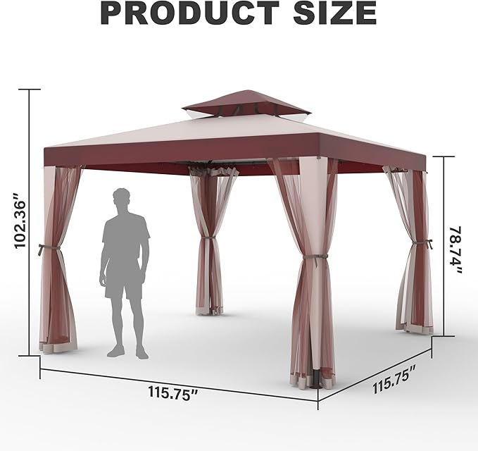 Outdoor Gazebo for Patio, 10×10 Canopy Tent with Mosquito Nettings & Double Roofs, Easy Setup Canopy Shelter for Party, Patio Gazebo for Lawn, Backyard, Garden (Red, 10'x10')