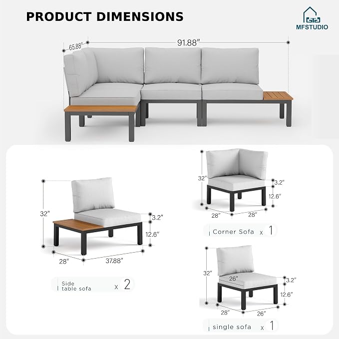 MFSTUDIO 4 Pieces Outdoor Sectional with Cushion, Metal L-Shaped Outdoor Patio Furniture Set with Side Table, Modular Patio Conversation Set, Modern Backyard Furniture for Deck,Garden