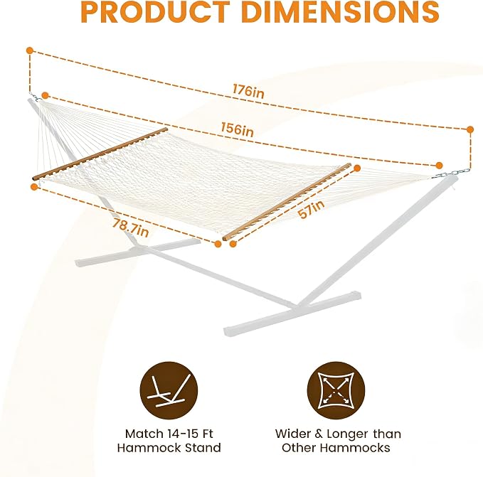 Lazy Daze Hammocks 13-FT Polyester Rope Hammock, Double 2 Person Traditional Hand Woven Outdoor Hammock with Spreader Bar, Carabiners, Tree Straps, Chains for Outside Patio- Max 450 Lbs, Natural
