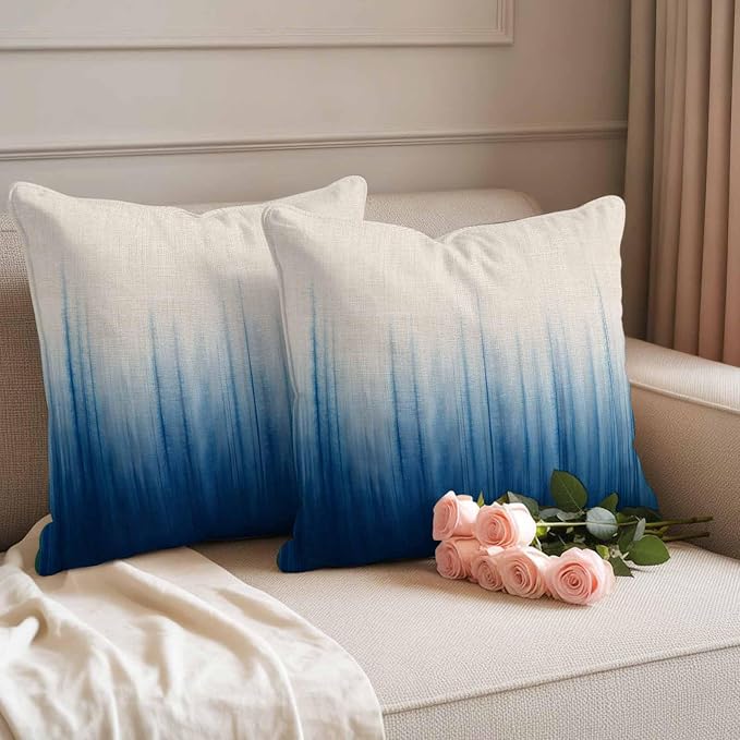 Blue Ombre Stripe Waterproof Outdoor Pillow Covers Set of 2 Home Decor, Abstract Art Modern Gradient Beige Pillowcase Patio Pillow Covers for Couch Bench Furniture Garden 18x18in