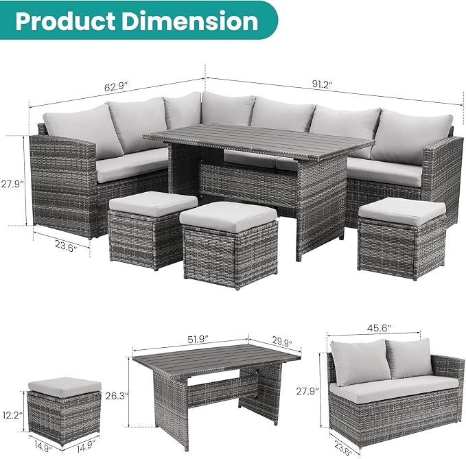 7-Piece Outdoor Patio Furniture Set with Dining Table, Chairs, and Ottoman, Brown Wicker Rattan Conversation Set with Ivory Cushions, All-Weather Patio Furniture for Garden, Porch, Backyard Lounging(G