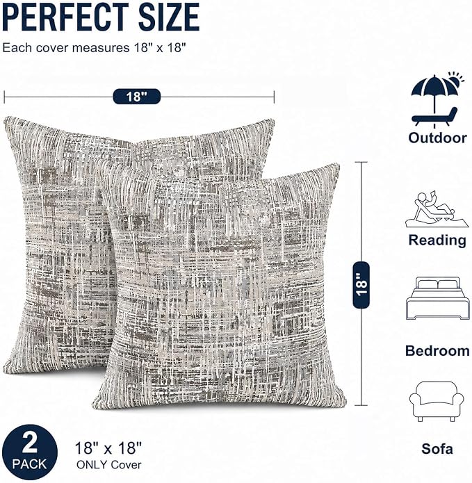Outdoor Pillow Covers Waterproof Throw Pillow Covers, Set of 2 Jacquard Texture Water Resistant Fade Resistant Decorative Cushion Covers for Garden Patio Bench Couch Sofa, 18x18 Inch (Gray Grid)