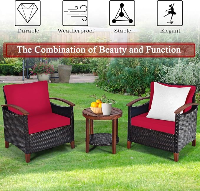 COSTWAY 3PCS Patio Rattan Furniture Set, Outdoor Solid Wood Frame Cushion Sofa with Round Table for Garden Porch Backyard Poolside (Red)