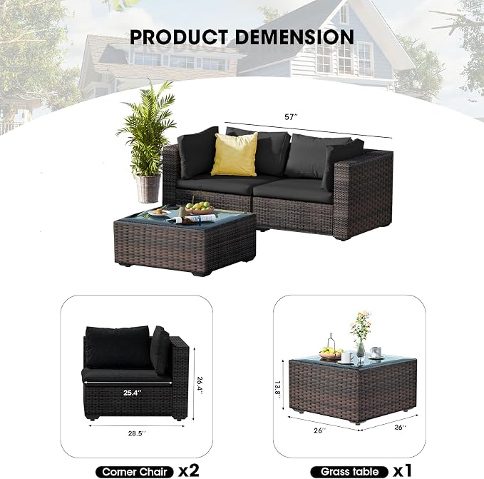 3 Piece Patio Furniture Set All Weather PE Rattan Outdoor Sectional Sofa Couch with No-Slip Cushions and Glass Top Table for Garden, Poolside, Backyard (Black)