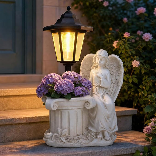 Solar Angel Outdoor Garden Statues with Lantern & Flower Pot | Resin Angel Figurines for Yard Lawn Porch Patio Balcony Decor- Gifts for Women Mom Grandma