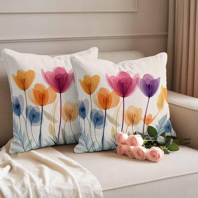 Spring Outdoor Waterproof Throw Pillow Covers Set of 2, 24"x24", Floral Cartoon Multicolor Tulips Leaf Retro Decorative Pillow Covers Outside Cushion Case for Patio Porch Garden