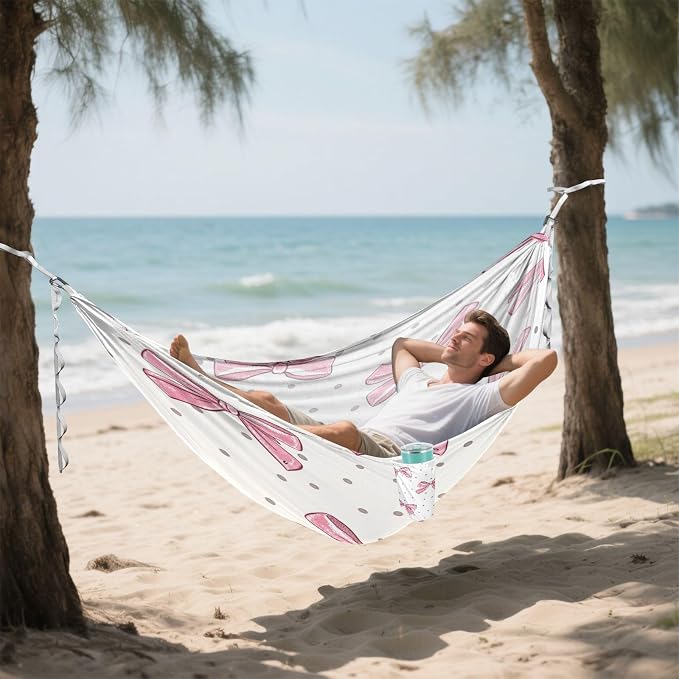 Bow Pink Camping Hammock, Portable Lightweight Single Hammock with Tree Straps and Aluminum Carabiners, 114" x 54" Travel Hammock for Hiking Backpacking Beach