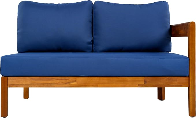 Acacia Wood L-shaped Outdoor Corner Sofa, Patio Conversation Furniture Set With 6 Soft Seat Cushions and Backpack , All Weather Outdoor Patio Sofa with Arc frame for Backyard, Garden (Blue-3.20)