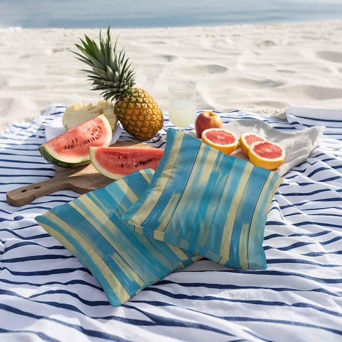 Blue Yellow Outdoor Pillow Covers 18x18 Inch Throw Pillow Covers Set of 2 Waterproof Decorative Pillow Cases Vintage Farmhouse Abstract Wooden Grain Cushion Covers for Patio Furniture Garden Couch