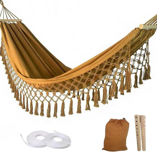 Bohemian Canvas Hammock with Tassels, Brown, 79"x39" | Soft Breathable Cotton Canvas Hammock,79x39in,2 Hanging Straps Wooden Bar;3 colors,compact for students renters dorm balcony
