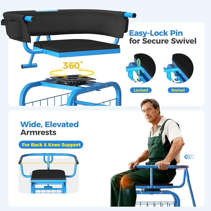 Suntee Garden Seat with Wheels, Rolling Gardening Stool with 360° Swivel Seat & Backrest,Tool Storage Basket & Back Tool Pouch, Adjustable Handle, Outdoor Gardening Scooter, Garden Cart for Seniors