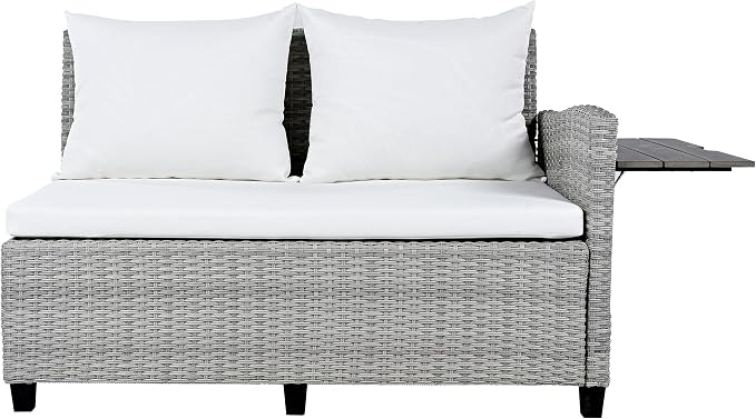 GDFStudio Brava Patio 5-Piece Conversation Set, Outdoor Rattan Sectional Sofa Set with Extendable Side Tables, Dining Table and Bench, L Shaped PE Wicker Furniture Set for Garden, Poolside, White