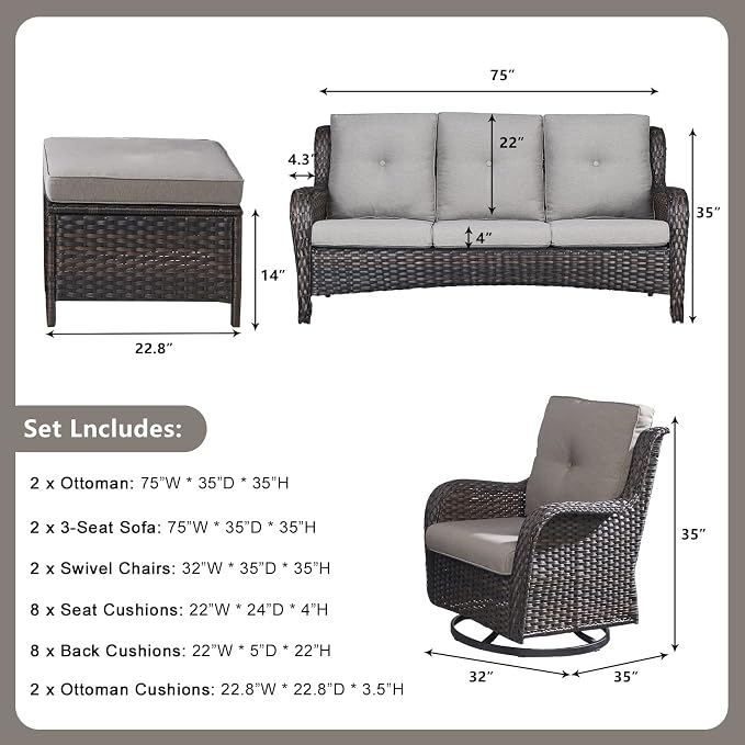 Rilyson Wicker Patio Furniture Set - 6 Piece Rattan Outdoor Sectional Conversation Sets with 2 Rocking Swivel Chairs,2 Ottomans and 2 Sofa for Porch Deck Garden(Brown/Grey)
