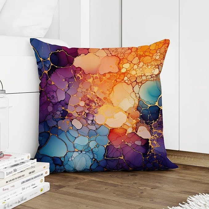 Ink Rainbow Shapes with Gold Pillow Cover Abstract Alcohol Ink Textures Pillow Covers 18x18 INRetro Accent Decorative Cushion Cases Home Decor for Patio Garden Couch Deck Chair