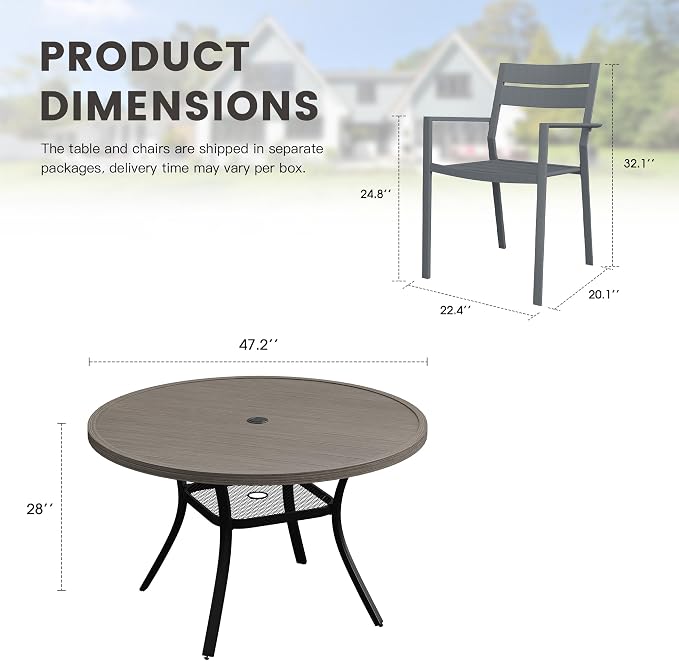 Patio Dining Set for 6, 47.2" Outdoor Dining Table and Chairs Set with Stackable Patio Chairs Outdoor Furniture for Garden Deck Backyard, Grey Table and Grey Chairs