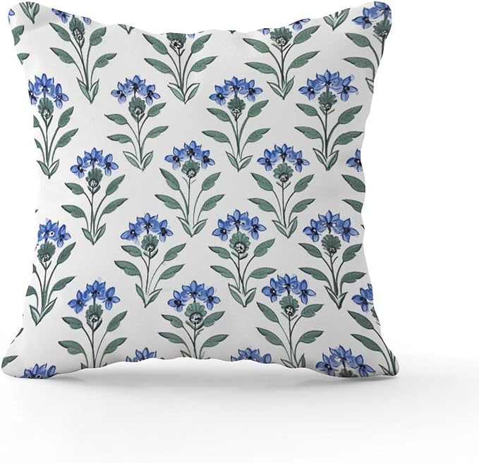 Mughal Flower Cushion Cases Blue Lotus Floral Throw Pillow Cover Rustic Outdoor Waterproof Decorative Pillow Cover for Patio Couch Bench 18x18 in
