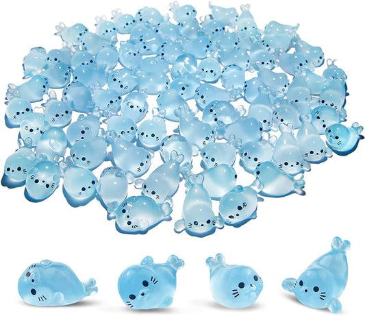 80Pcs Glow in Dark Mini Resin Seal Figurines - 4 Styles Luminous Sea Animals for Terrarium Decor, Fairy Garden, Aquarium, Small Resin Animals with Storage Box