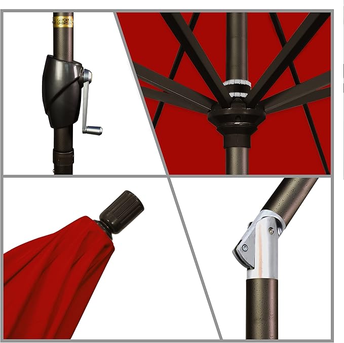 California Umbrella 9' Round Aluminum Market Umbrella, Crank Lift, Push Button Tilt, Bronze Pole