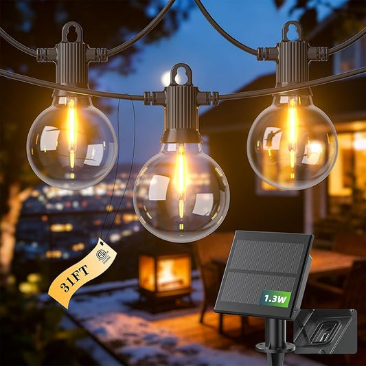 31FT Solar String Lights Outdoor Waterproof IP65 with USB-Charging , Solar Powered LED Patio Lights with 15+1 Shatterproof G40 Globe Bulbs, Hanging Lights for Outside Backyard Garden Bistro Gazebo