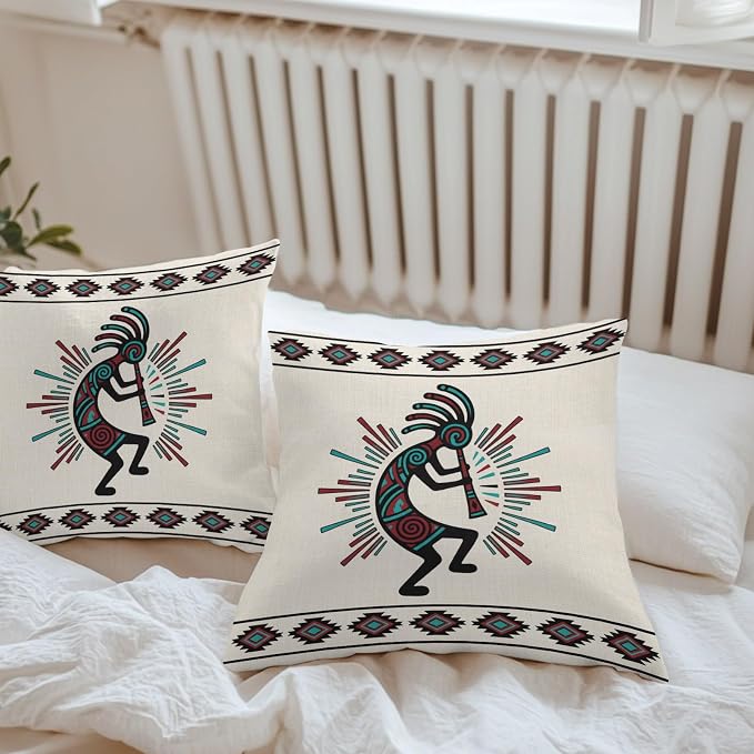 Boho Southwest Waterproof Outdoor Throw Pillow Covers 16''x16'' Pack 2, Aztec Ethnic Native Human Ethnic Plaid Pillow Cases Throw Cushion Cover with Zipper, Washable Pillowcase for Poolside Sofa
