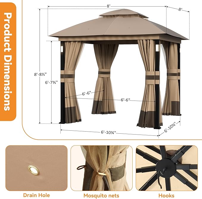 Covered Outdoor Patio Gazebo 8'x8' with LED Lights & Bluetooth Speaker, Heavy Duty Outdoor Canopy Shelter with Metal Frame, Double Roofs, Soft Top Gazebo with Netting and Curtains, Khaki
