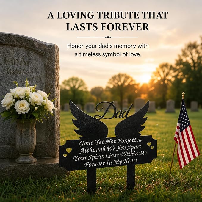 Grave Marker for Dad - Winged Memorial Metal Cemetery Stake, Outdoor Decoration for Father's Garden, Memorial Yard Stake for Dad