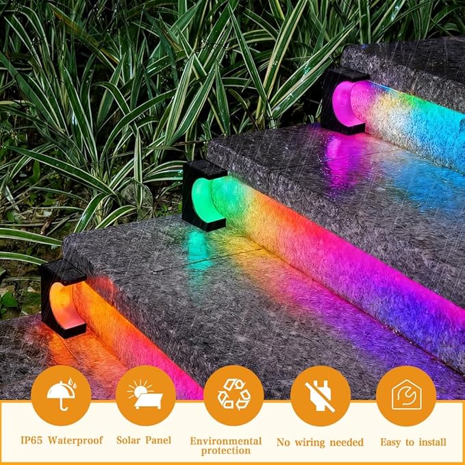 Upgraded Wireless Solar Step Lights. 5X Longer Life Than Ordinary. Strong 3M Adhesive + Screws. IP65 Waterproof for Stairs/Decks/patios. Reliable Performance(RGB Changing 8 Pack)