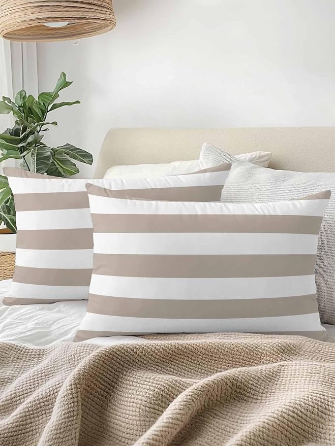 Waterproof Outdoor Pillow 1 Pack Khaki White Stripe Decorative Throw Pillows Cover & Insert 20x12 Inch Lumbar Pillowcase Simple Style Striped Pillows for Couch Sofa Bed Patio Furniture Indoor Outdoor