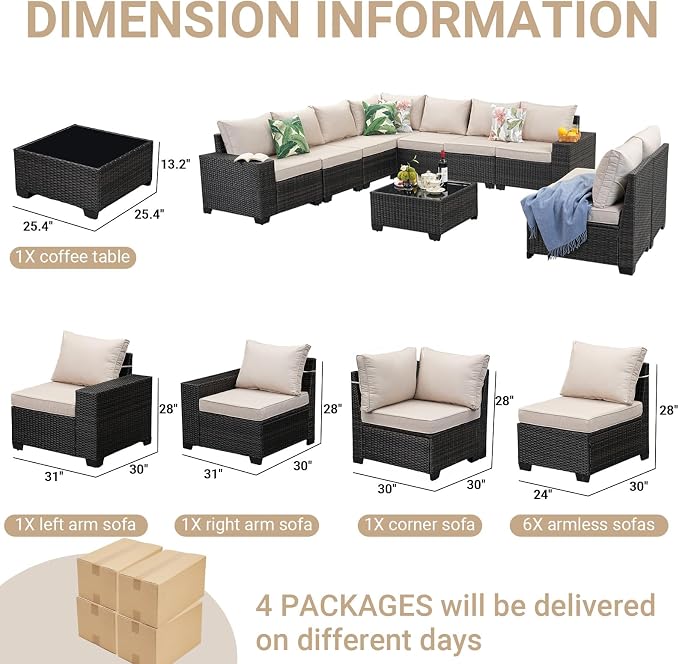 Jing's Villa 10-Piece Patio Furniture Set, All-Weather Outdoor Wicker Sectional Sofa with Cushions, Glass Table & Left and Right Armrest, Rattan Conversation Seating for Porch, Garden, Backyard,Beige