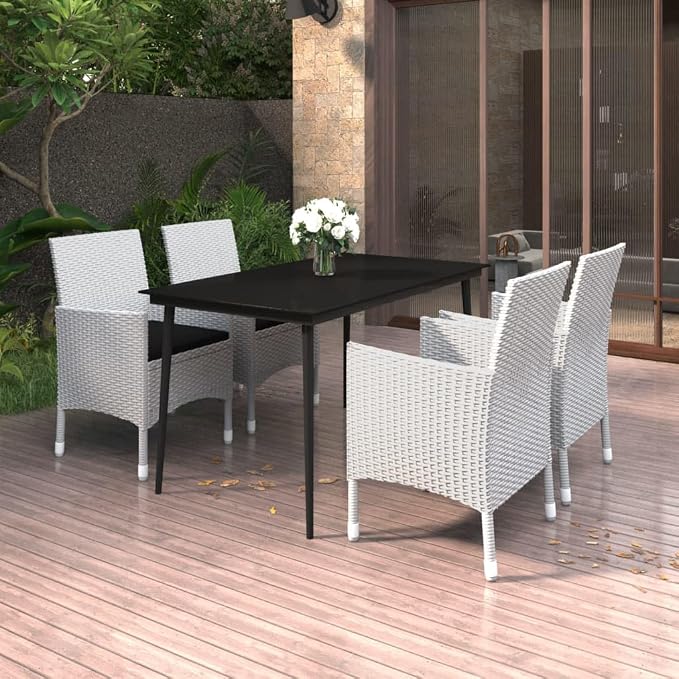5 Piece Patio Dining Set, Outdoor PE Rattan Garden Furniture with Glass Table and 4 Cushioned Chairs, Weather-Resistant Metal Frame
