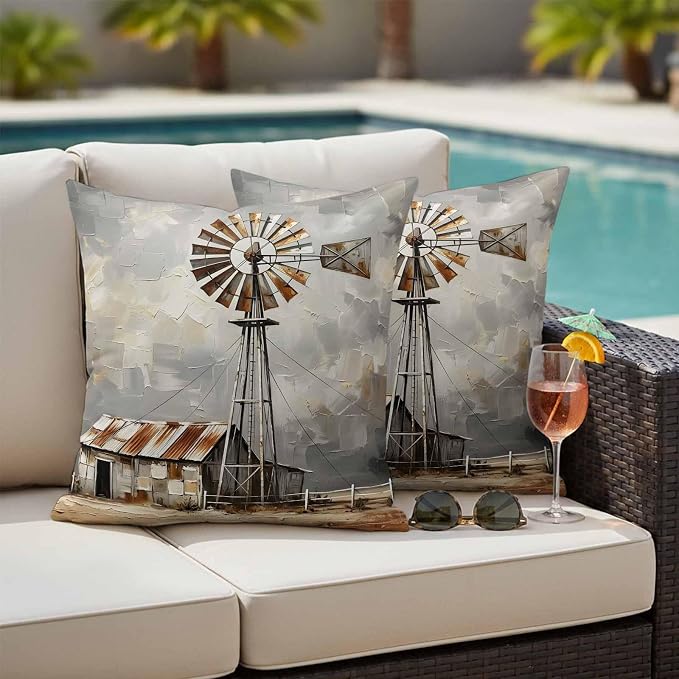 Gray Rustic Windmill Outdoor Pillow Covers 26"x26" Set of 2, Farmhouse Country Barn Oil Painting Waterproof Throw Pillow Covers for Patio Furniture, Decorative Cushion Covers for Porch