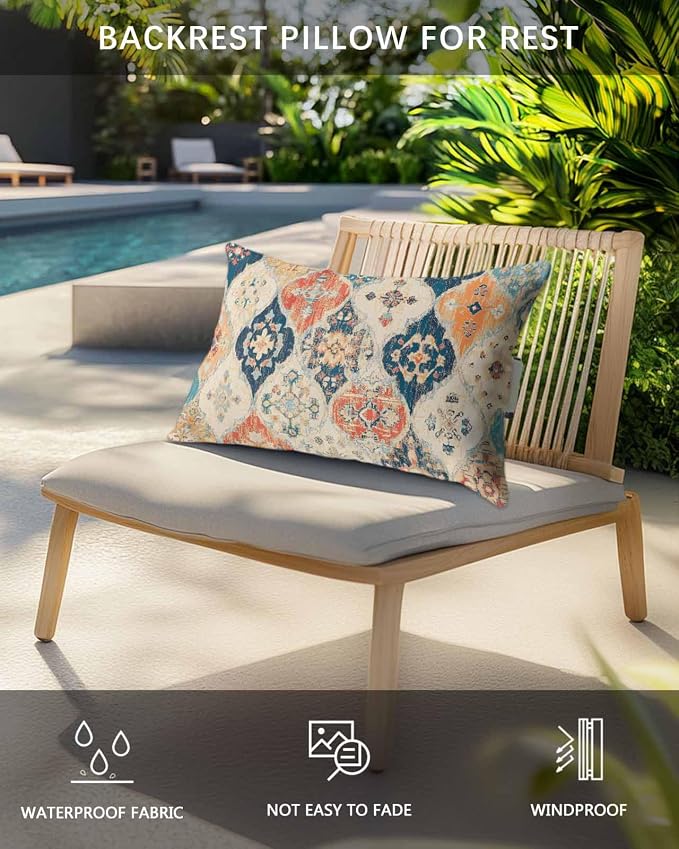 Outdoor Lumbar Cushions with Inserts, Boho Vintage Abstract Art Rustic Morocco Texture Waterproof Fluffy Fade Body Pillows, Patio Furniture Pillow for Home Balcony Garden Decor 11x16IN