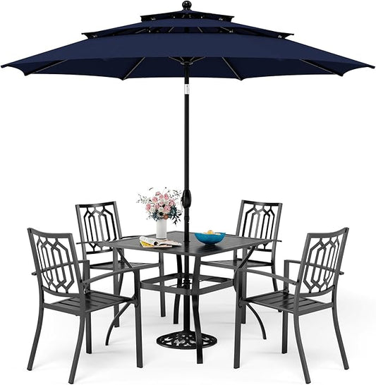 Sophia & William Patio Dining Set for 4 with 10ft 3 Tier Auto-tilt Umbrella, Outdoor Table Furniture Set with 4 x Metal Outdoor Chairs, 1 x Metal Square Dining Table and 1 Navy Blue Patio Umbrella