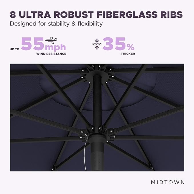 Midtown Umbrellas Push & Pop 8 Ft Patio Umbrellas with Push & Pop Mechanism, Fiberglass Ribs & Sunbrella Fabric – Outdoor Umbrella for Deck, Pool, Cafés and Hotels – Canvas Navy Canopy, Black Pole