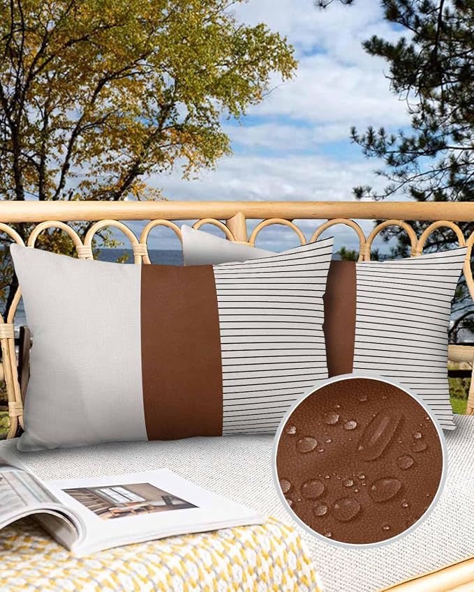 Waterproof Throw Pillow Covers for Couch Patio Living Room Furniture Garden Balcony, Boho Leather Texture Brown Rectangle Cushion Cases Home Decorations, 20 x 12 Inch Set of 2