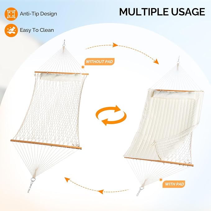 ONCLOUD Hammock with Stand, Double-Barrel Hammock with Hammock Bed, Heavy Duty Adjustable Hammock Set for Outdoors, Patio, Yard, Garden, 550 LBS (Beige)