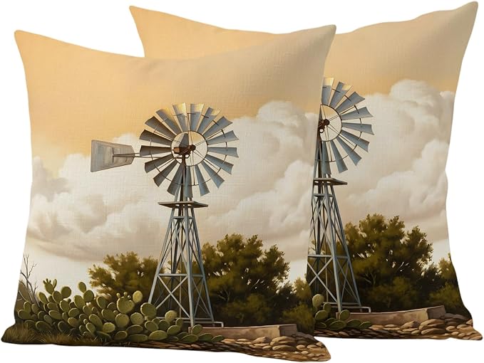 Windmill Outdoor Pillow Covers 16"x16" Set of 2, Windmill Farmhouse Sunset Field Trees Rustic Waterproof Throw Pillow Covers for Patio Furniture, Decorative Cushion Covers for Porch