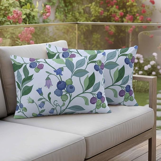 Blueberry Leaves Outdoor Pillow Covers 20"x12" Set of 2, Watercolor Blue Purple Fruit Floral Leaf Blue Waterproof Throw Pillow Covers for Patio Furniture, Decorative Cushion Covers for Porch