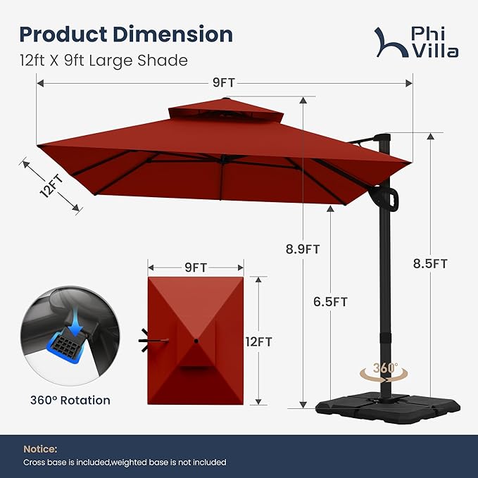 PHI VILLA 9' x 12' Rectangular Cantilever Patio Umbrella with Hydraulic Lift & 360° Rotation – Heavy Duty Windproof Offset Umbrella for Pool, Deck or Garden, Red