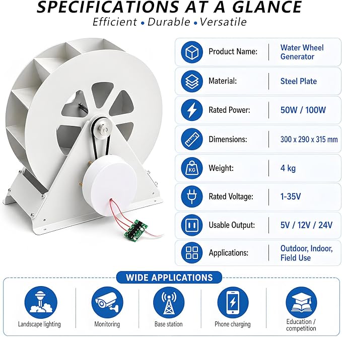 Low-Speed Hydroelectric Turbine,Steel Construction,50w/100w Home Outdoor Water Wheel Hydropower Generator,for Streams & Rivers 50W