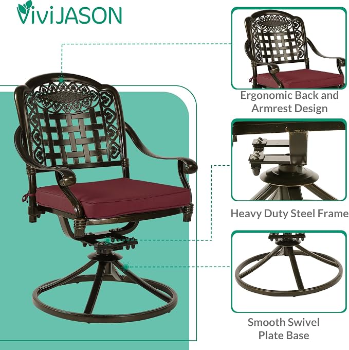 VIVIJASON 9-Piece Outdoor Dining Furniture Set, Cast Aluminum Patio Table & Chairs Set for 8, Include Large 64" Square Dining Table and 8 Swivel Rocker Chairs with Umbrella Hole, Red